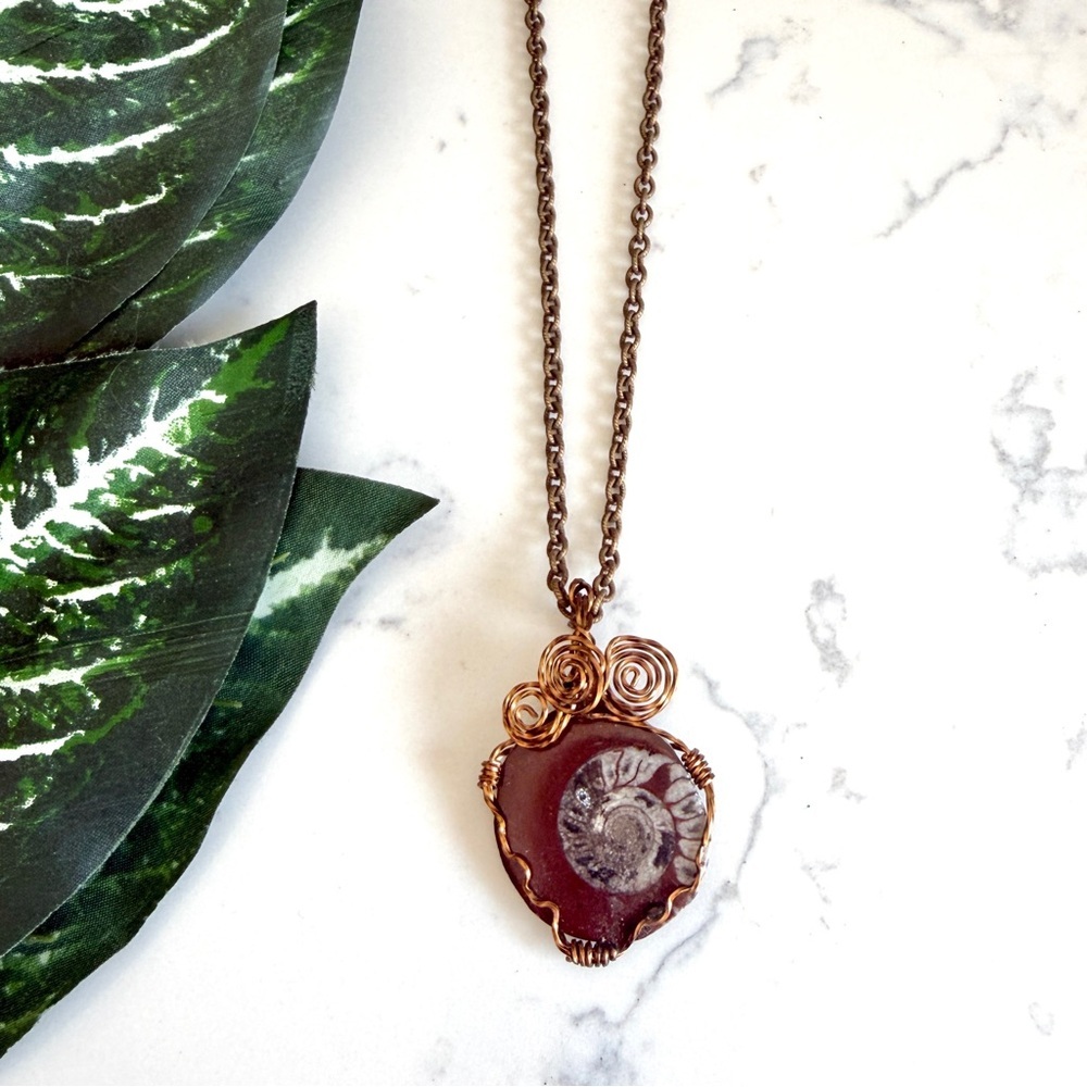 Raw Ammonite Copper Wired Chain Necklace PREOWNED Jewelry
